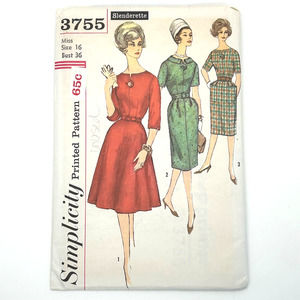 Simplicity Vintage 1960's Pattern #3755 Misses Slenderette One Piece Dress Sz 16